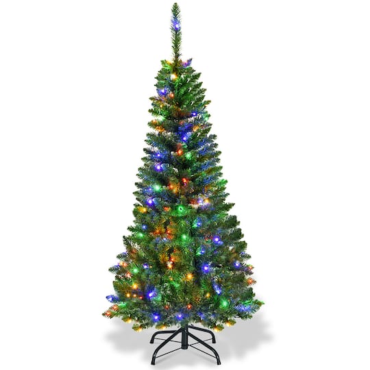 Costway 4.5ft. Pre-Lit Slim Pencil Fir Artificial Christmas Tree with Multicolor LED Lights